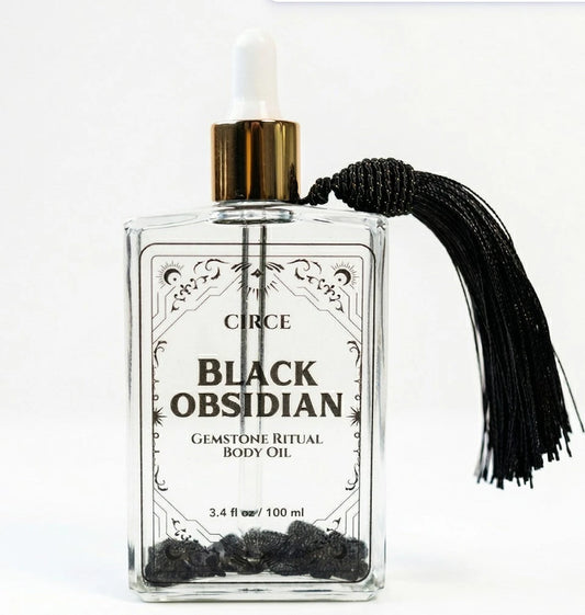 Black Obsidian Gemstone Body Oil — Protection & Grounding Shimmer Oil with Amber & Vanilla